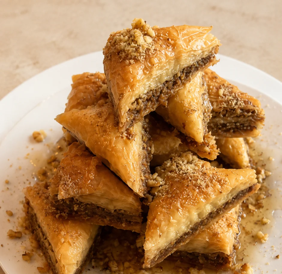Delicious Mediterranean baklava stacked on a white plate