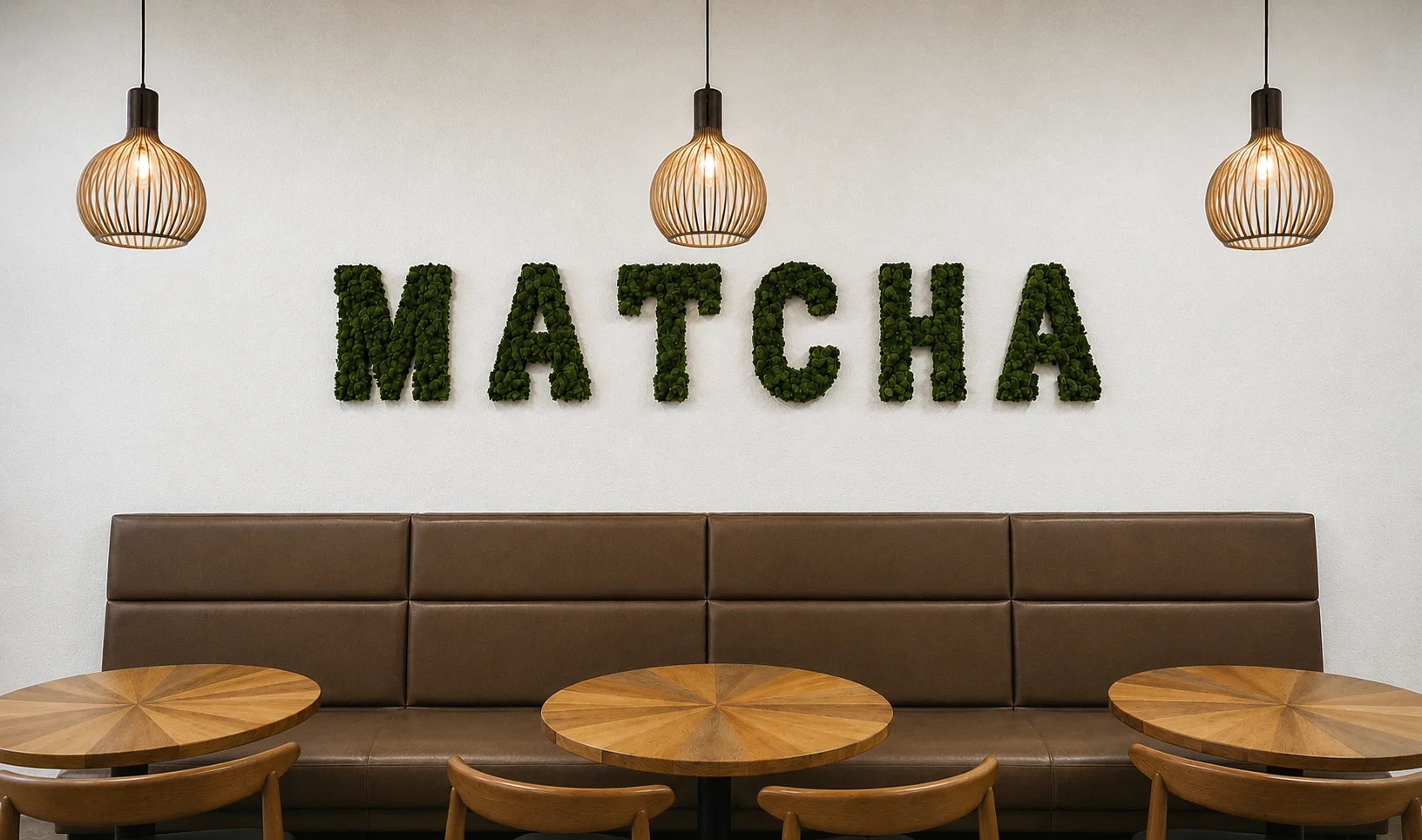Cozy café interior with green 'MATCHA' wall art and wooden tables