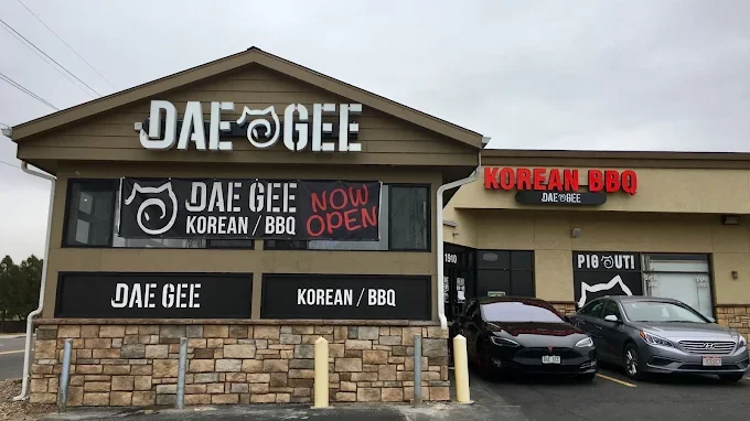 Exterior view of Dae Gee Korean BBQ restaurant with red accents