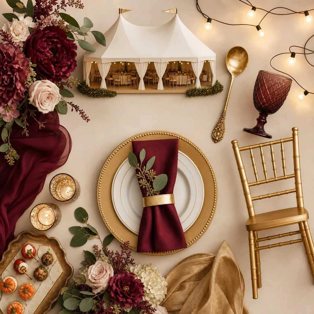 Elegant event setup with purple decor and catering services