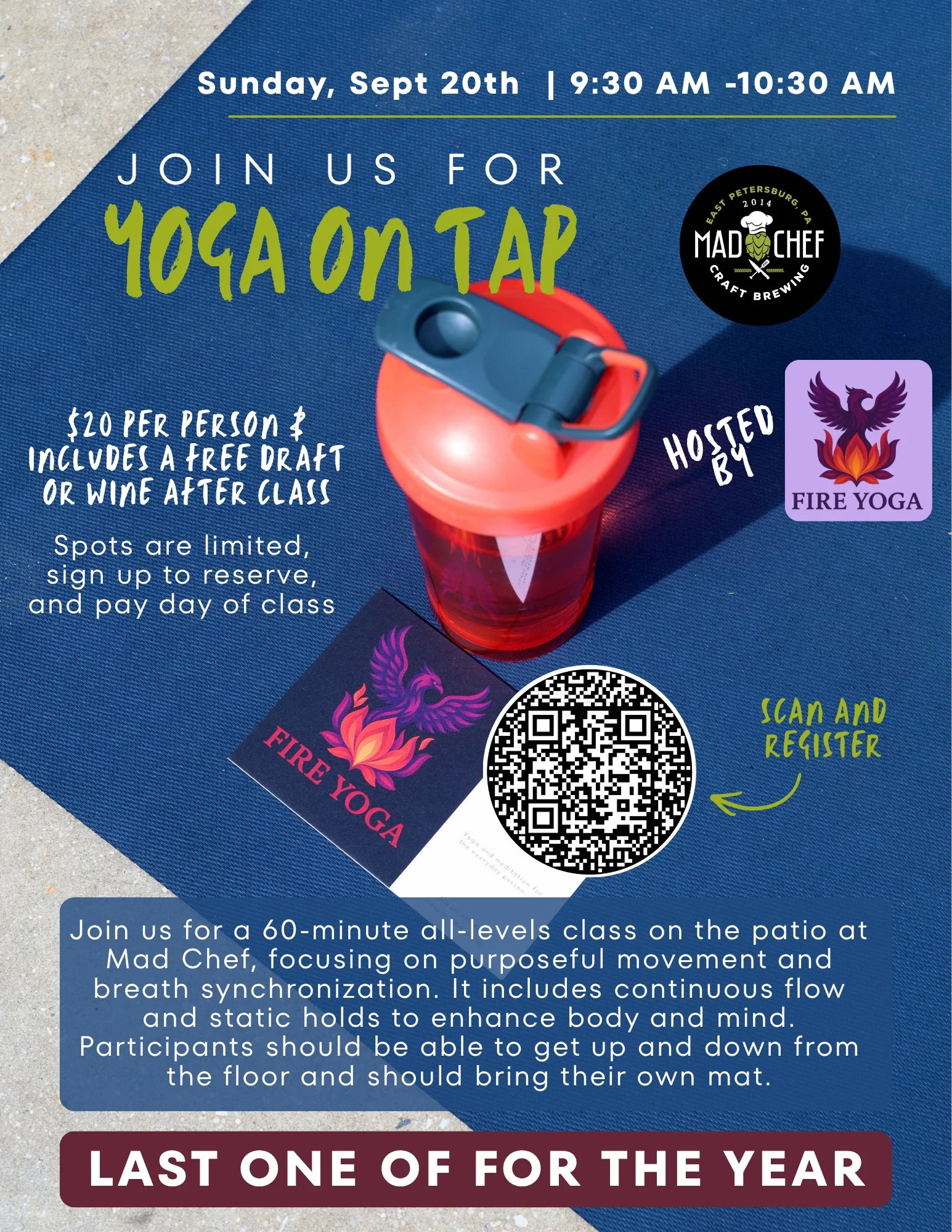 Yoga class on patio with water bottle and promotional materials