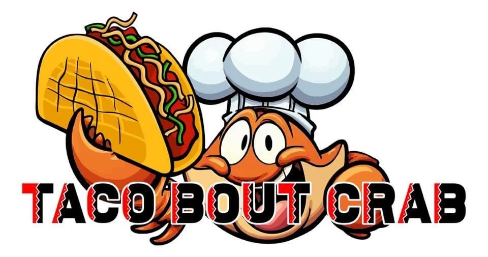 Cartoon crab chef holding a taco, playful restaurant logo design