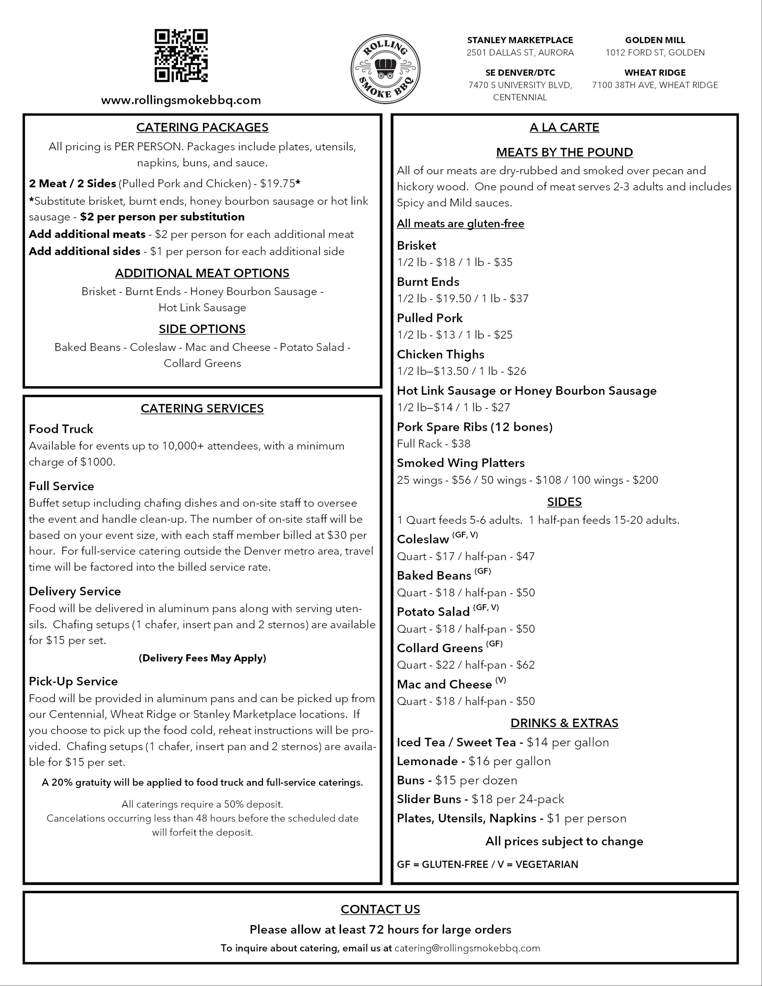 Catering menu for BBQ restaurant with meat and side options