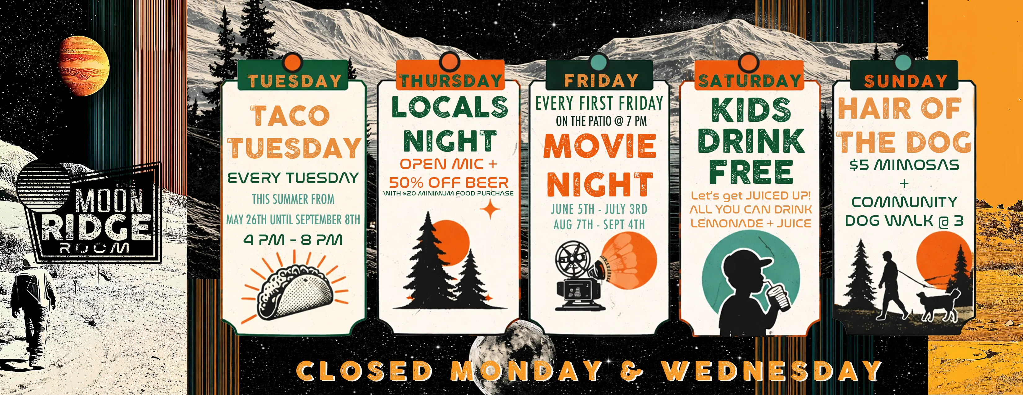 Weekly event schedule at The Moon Ridge Room restaurant