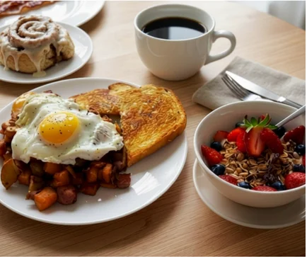Classic American breakfast with eggs, toast, and fruit bowl