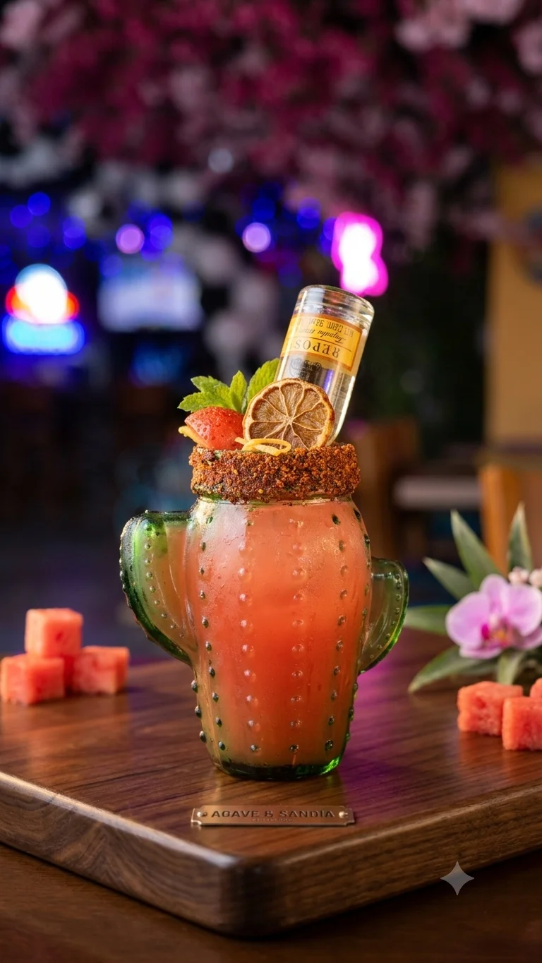Colorful margarita cocktail in a cactus glass