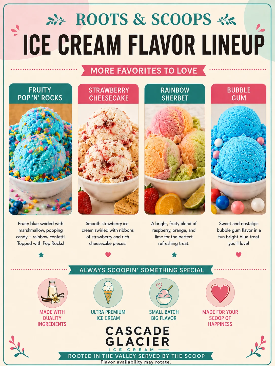 Colorful ice cream flavors including fruity pop rocks and bubble gum
