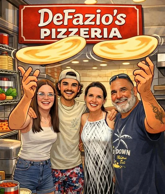 Family at DeFazio's Pizzeria with pizza dough in hand