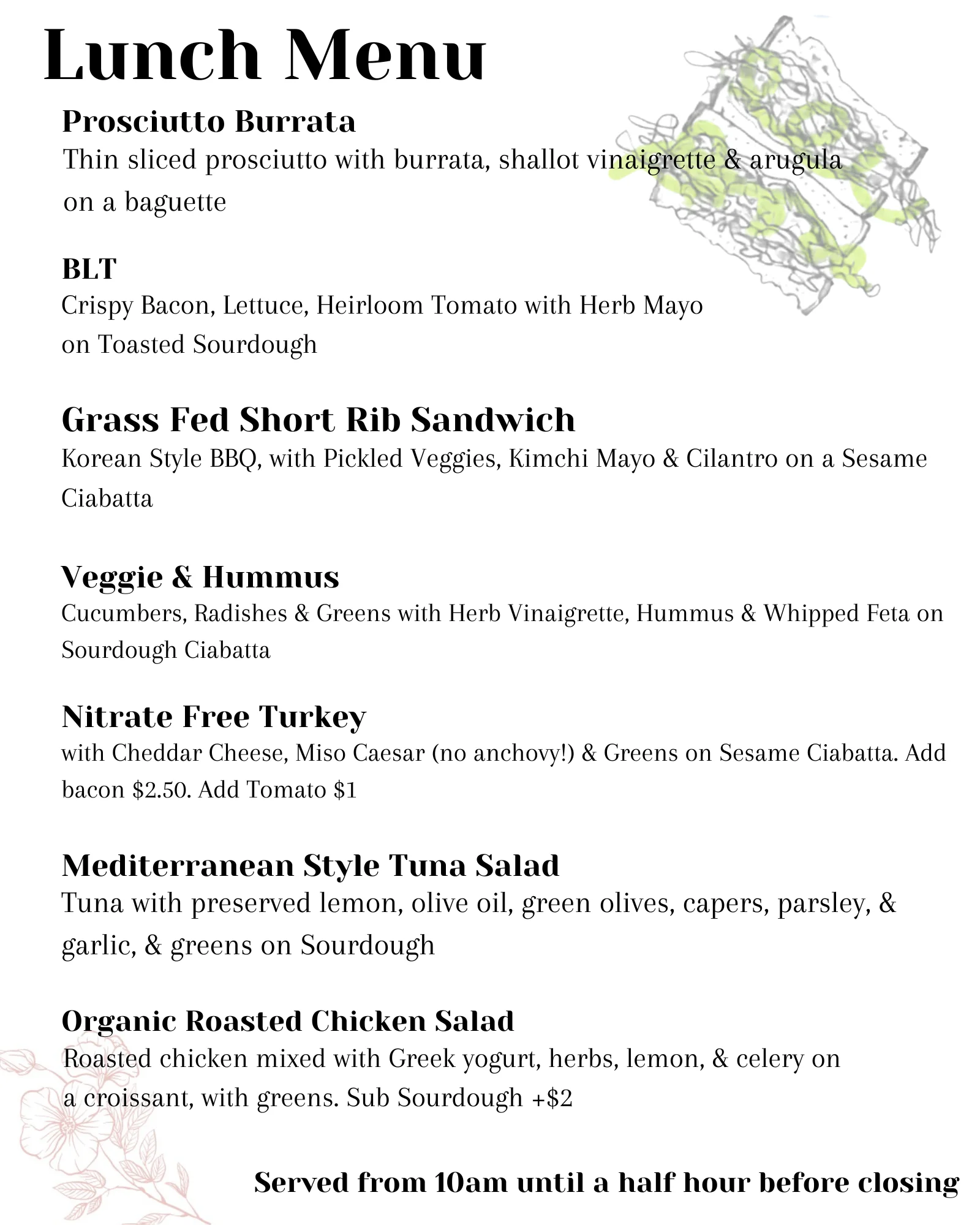 March lunch menu featuring various delicious dishes and beverages.