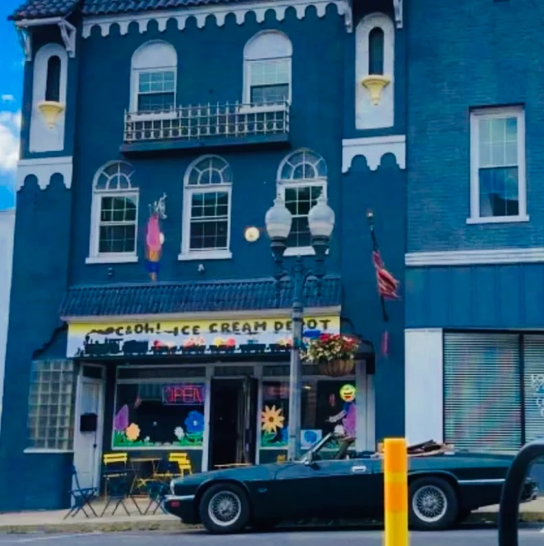Charming ice cream shop with colorful decor and outdoor seating