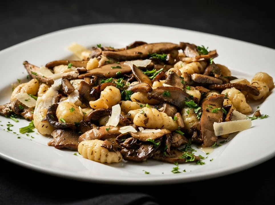 A plate of gnocchi pasta intertwined with sautéed mushrooms and sprinkled with cheese. The earthy tones and textures make for an elegant yet comforting dish.