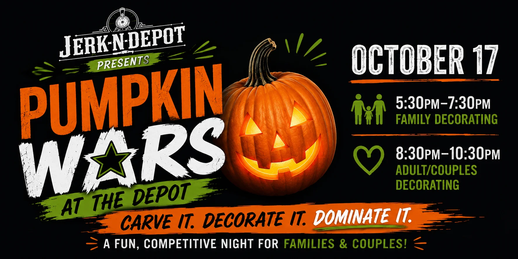 Pumpkin carving event poster for families and couples at Jerk-N-Depot