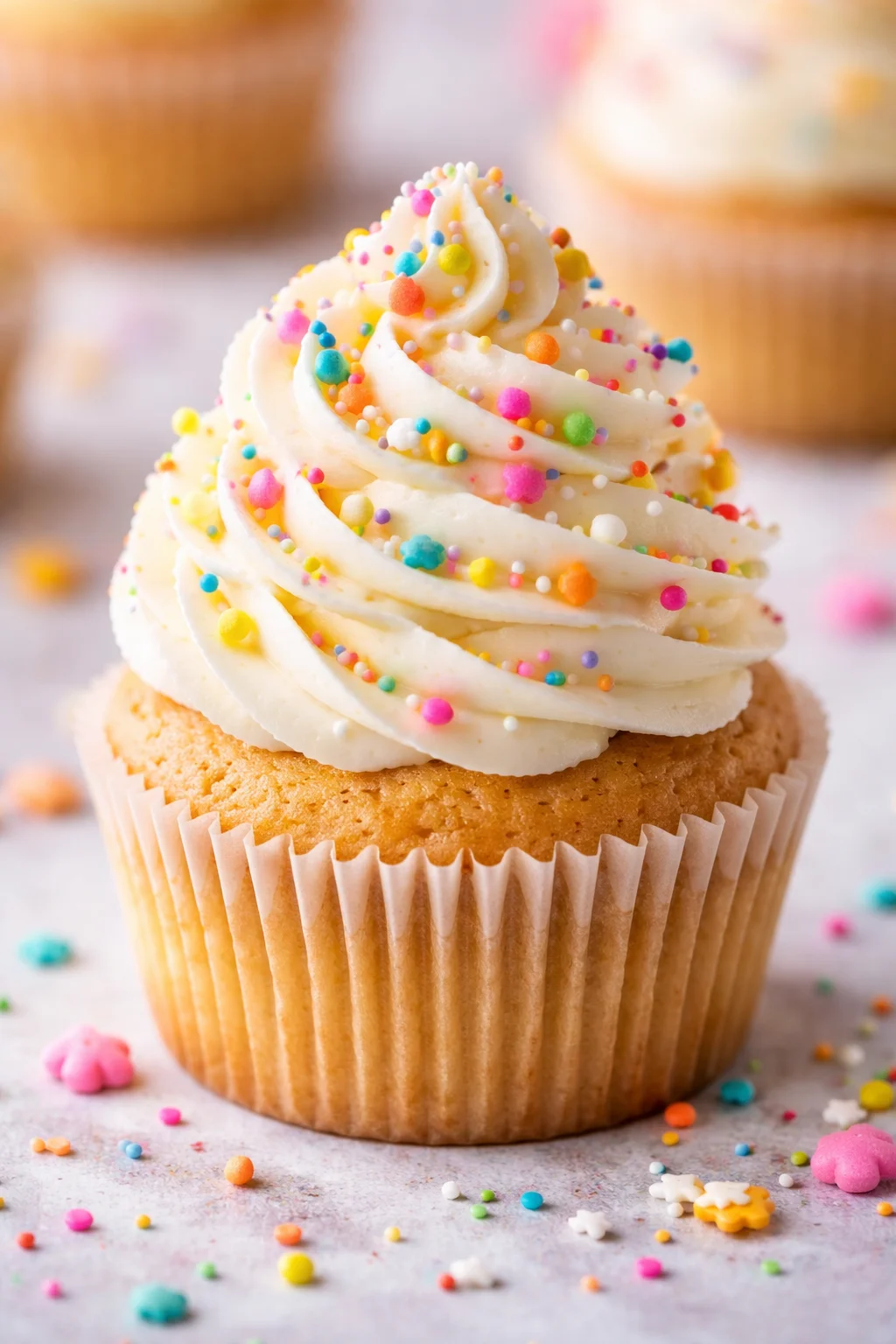 Colorful vanilla cupcake with vibrant frosting and sprinkles