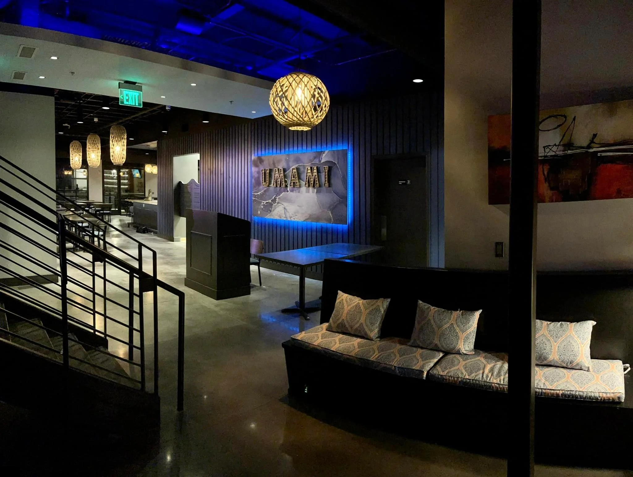Modern restaurant interior with stylish lighting and seating