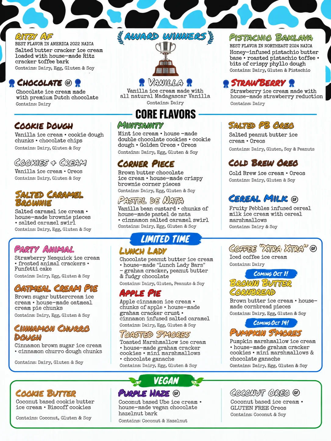 Colorful ice cream flavor menu with award-winning, core, limited-time, and vegan selections