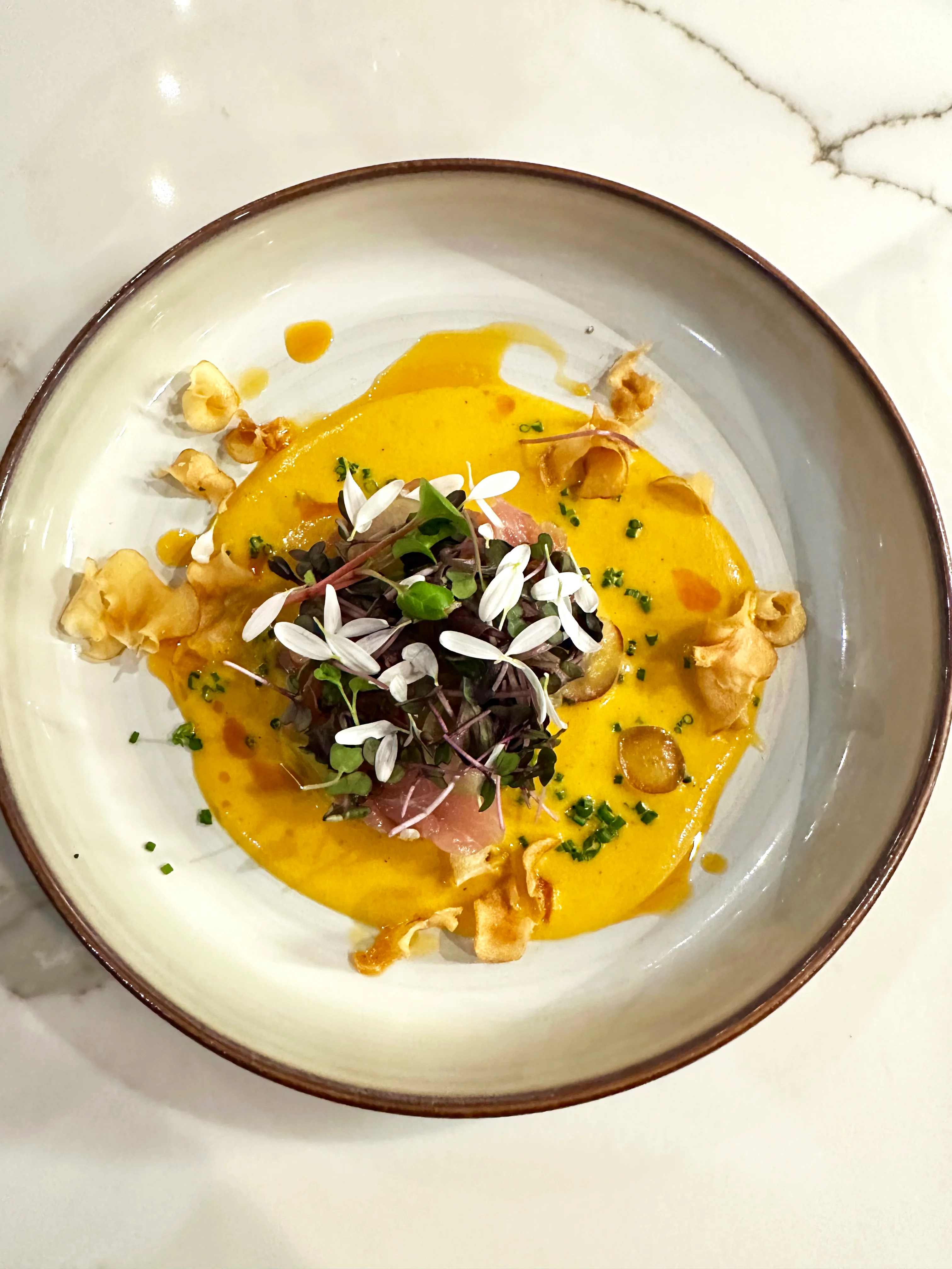 Artistic presentation of Thai curry with microgreens