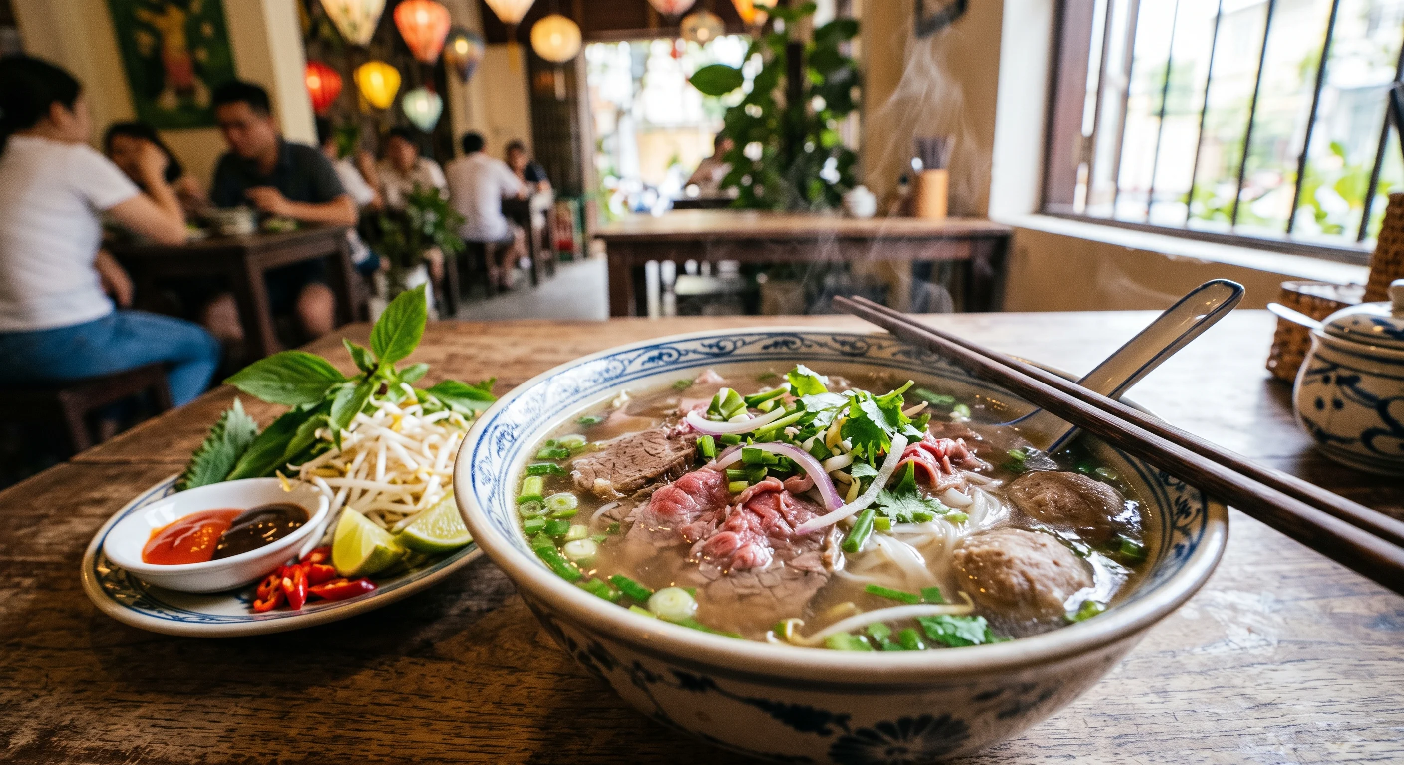 Steaming bowl of Vietnamese pho with fresh herbs and condiments