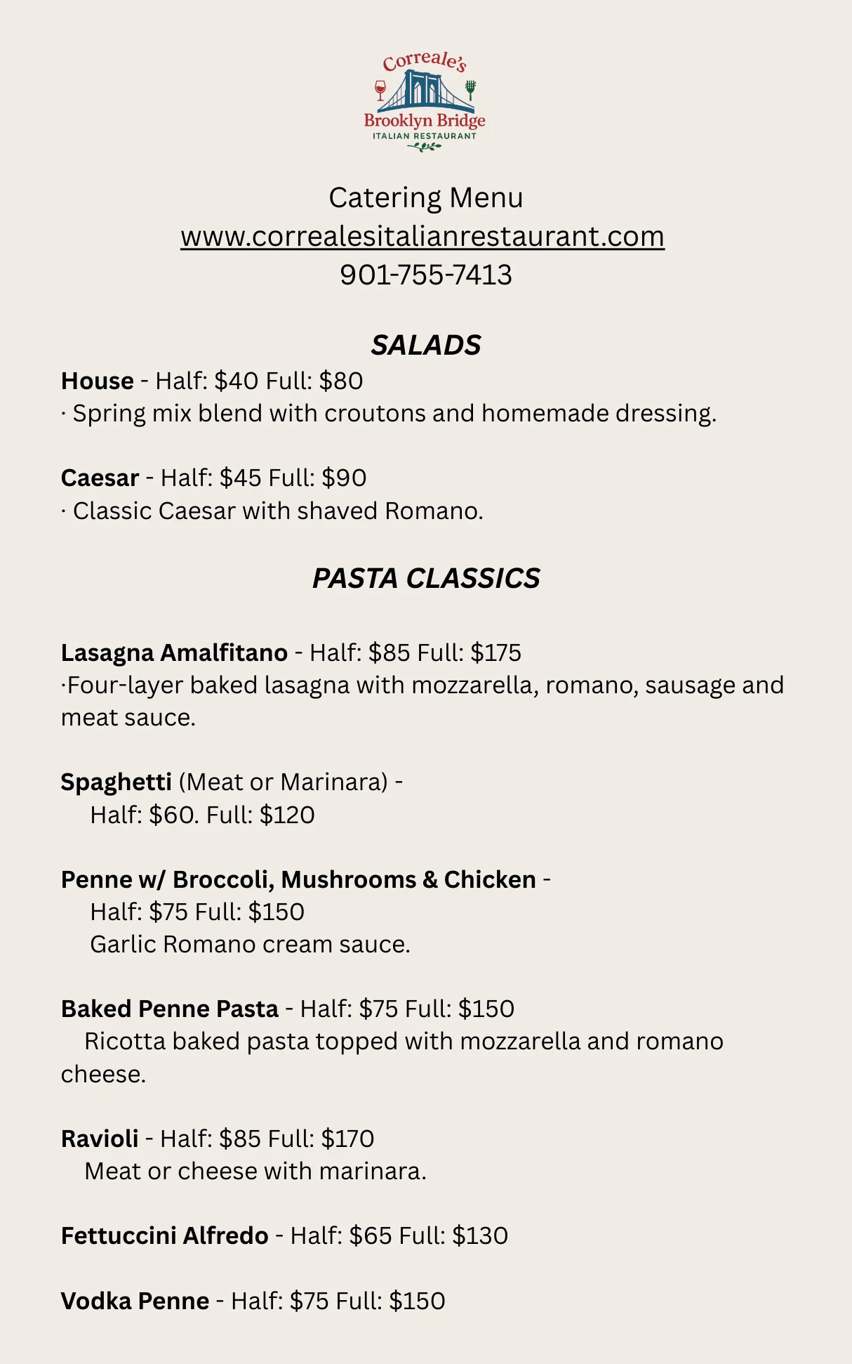 Catering menu featuring Italian pasta and salad options