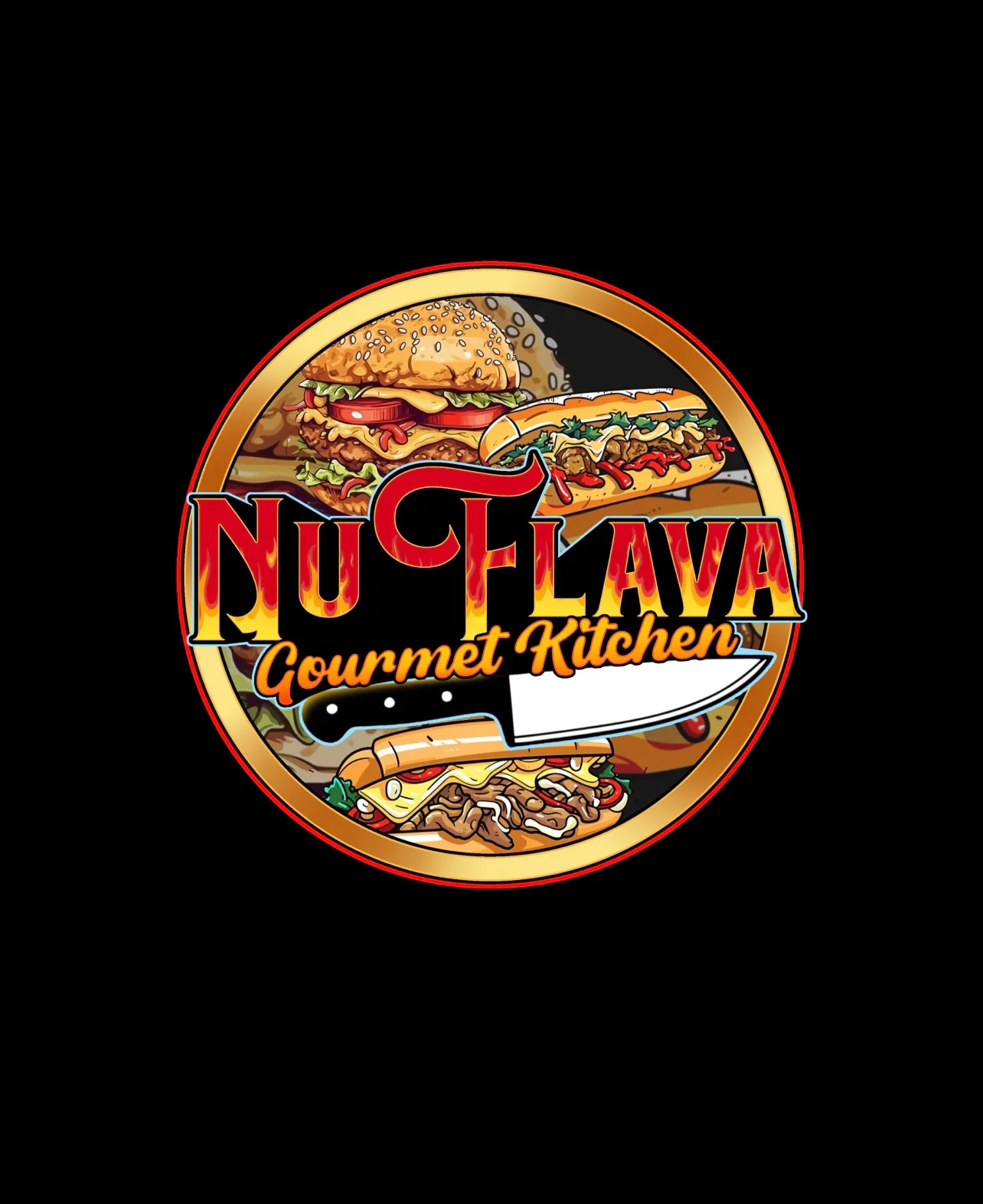 Logo of Nu Flava Gourmet Kitchen featuring diverse food items