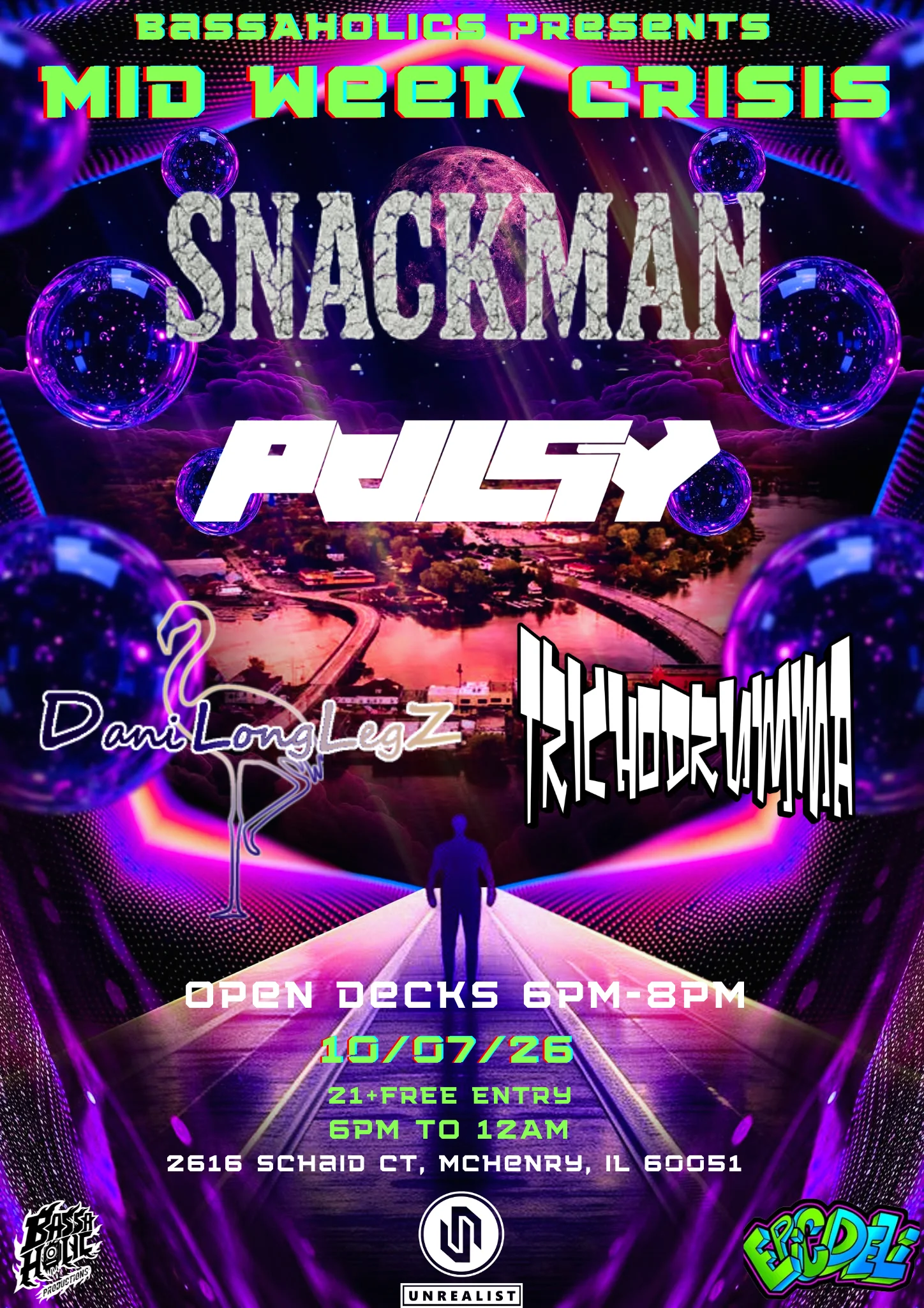 Vibrant event flyer for a music night featuring DJs and open decks