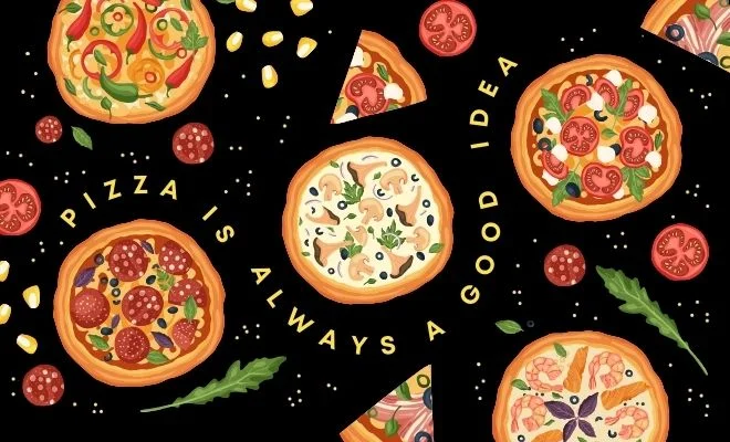 Colorful assortment of pizzas with various toppings on a black background