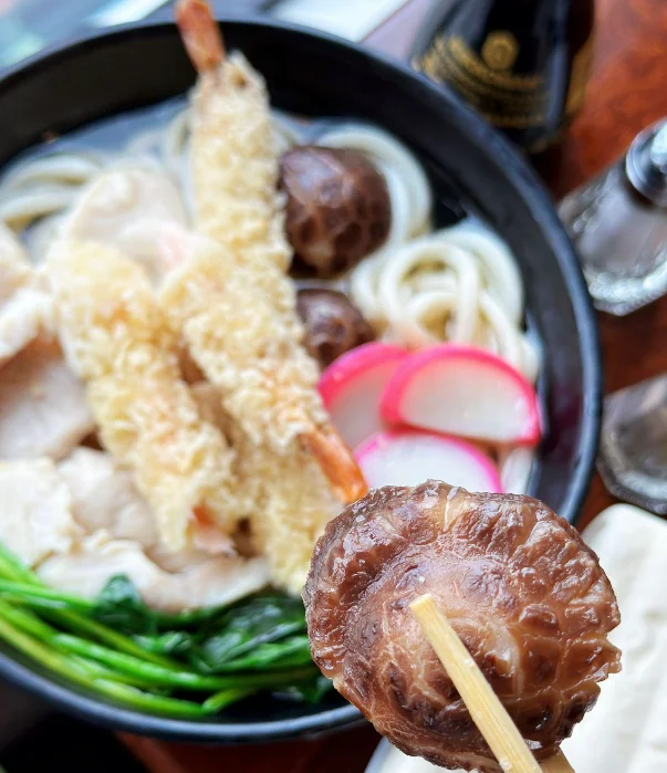 Japanese udon noodle soup with tempura shrimp