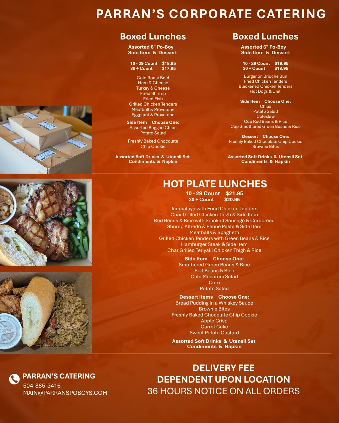 Corporate catering menu featuring boxed lunches and Southern hot plate meals