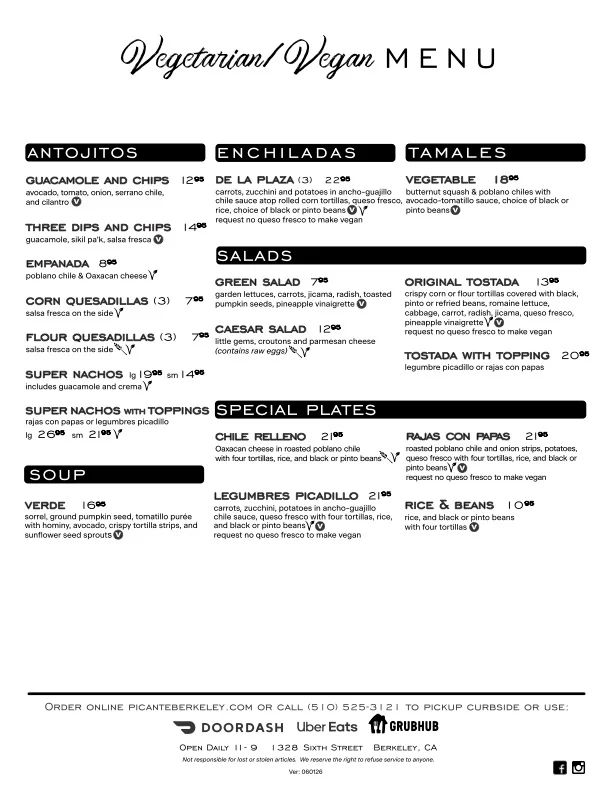 Vegetarian and vegan menu featuring Mexican dishes