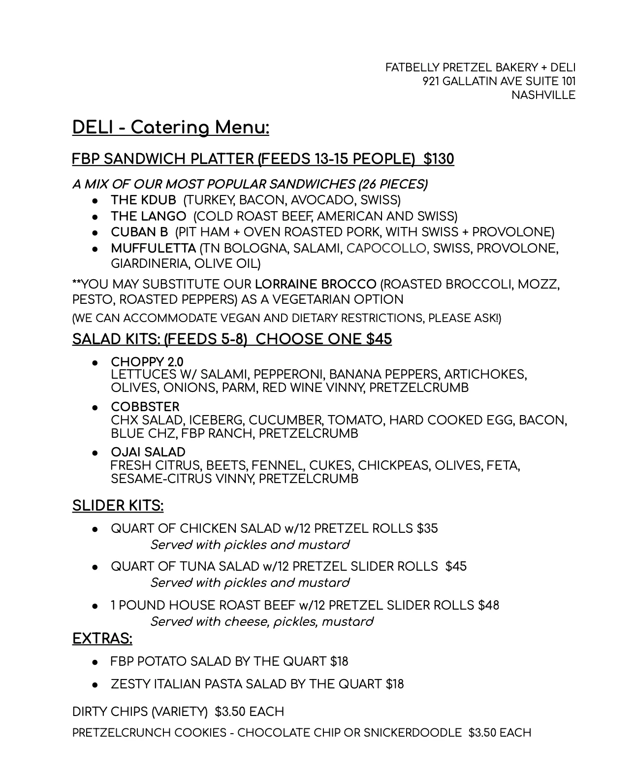 Catering menu featuring assorted deli sandwiches and salads