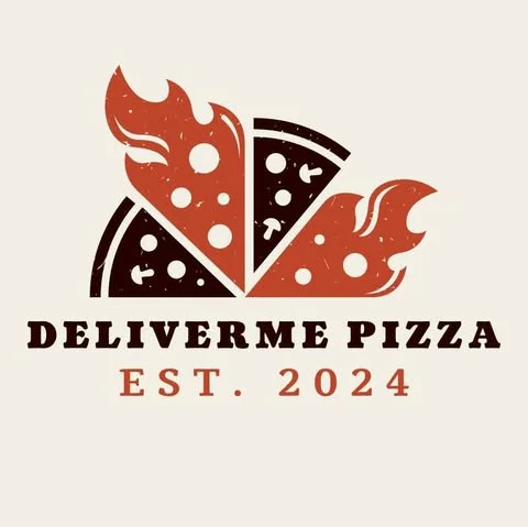 Logo for DeliverMe Pizza, established 2024, featuring pizza slices and flames
