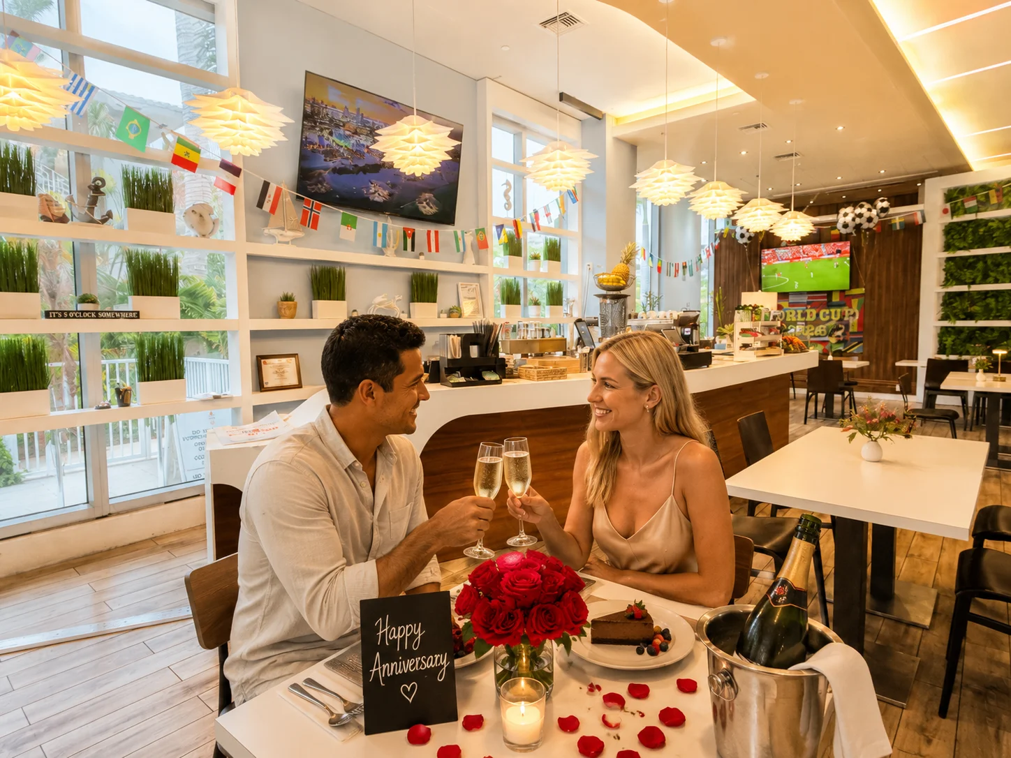 Romantic anniversary dinner setting with champagne and roses