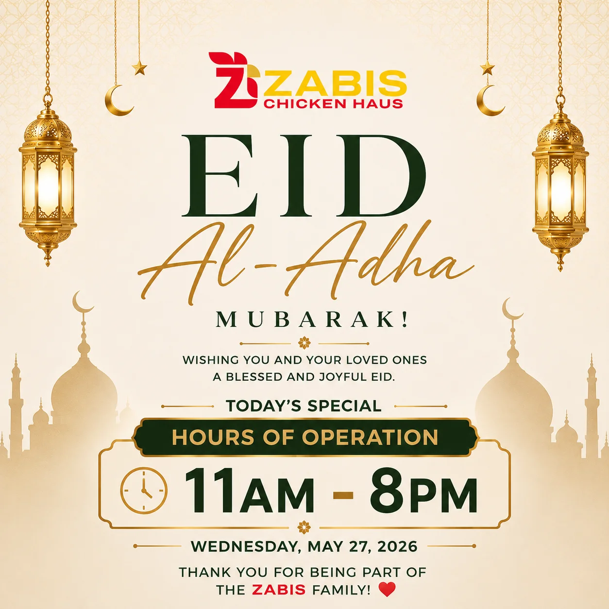 Eid Al-Adha celebration announcement from Zabist Chicken Haus.