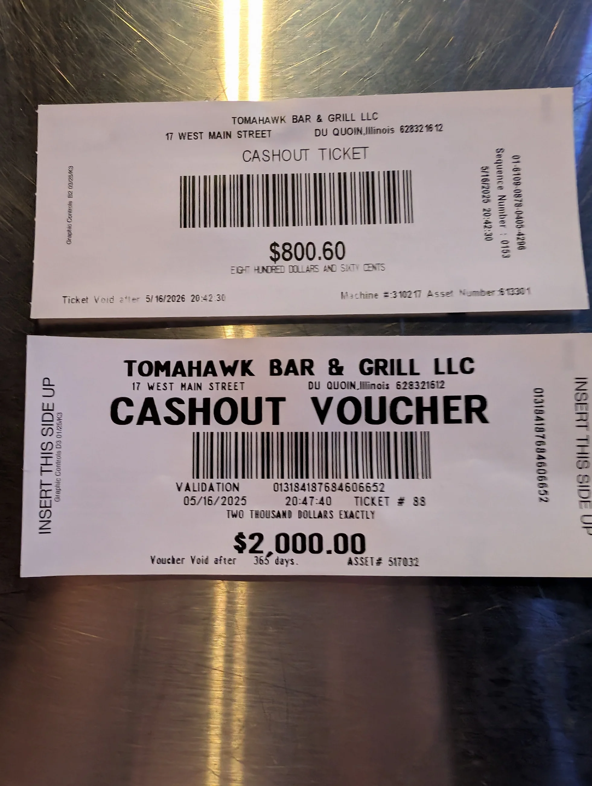 Cashout tickets from Tomahawk Bar & Grill in Du Quoin, Illinois