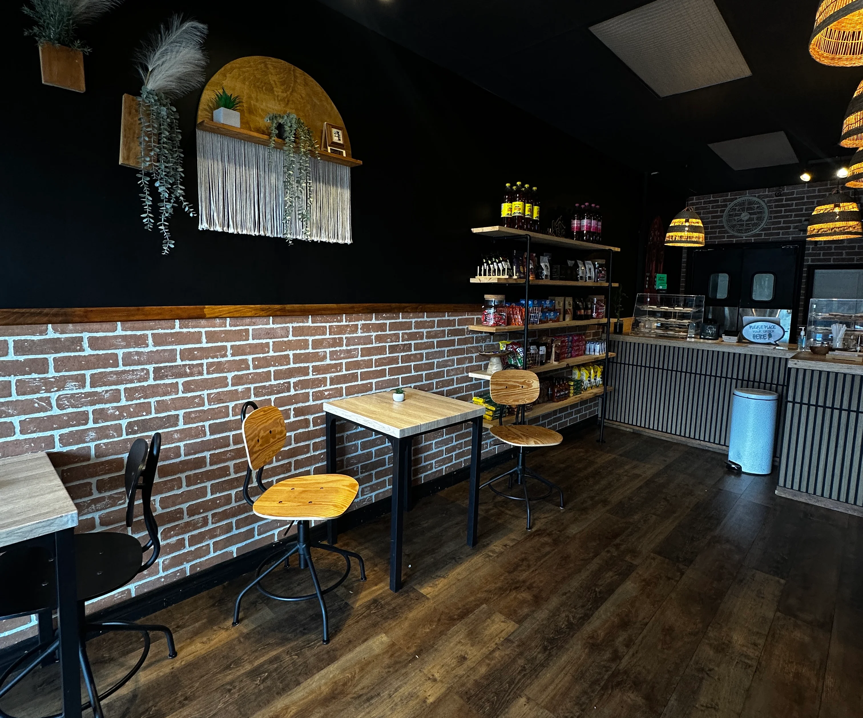 Stylish restaurant interior with exposed brick and warm lighting
