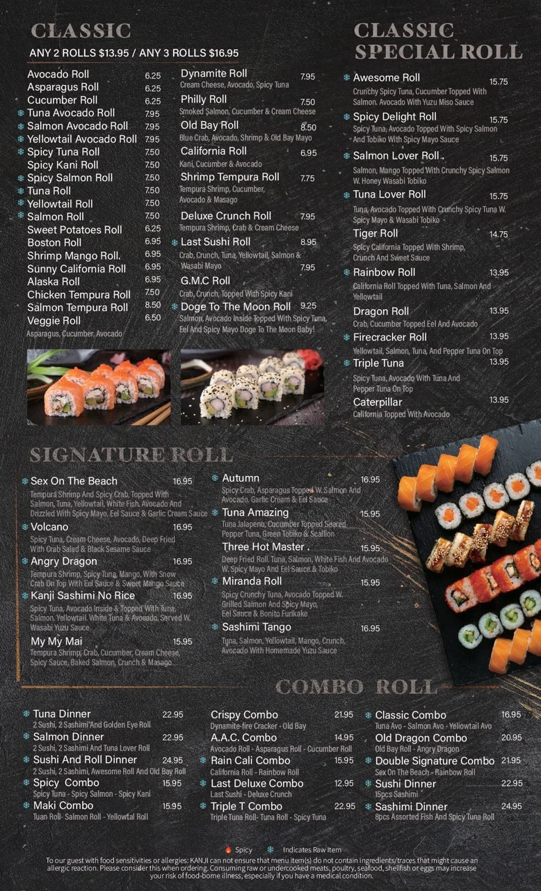 Japanese sushi menu featuring various rolls and combos