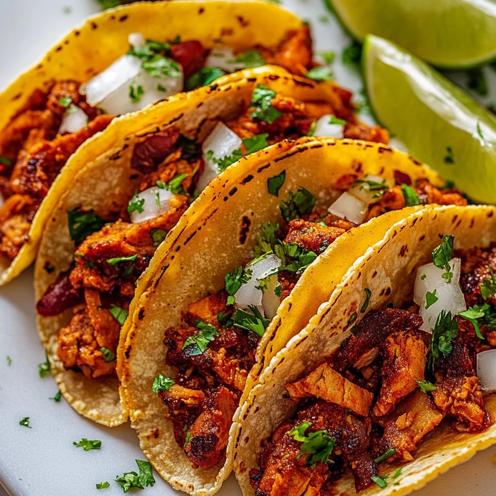 Authentic Mexican tacos al pastor with cilantro and onions