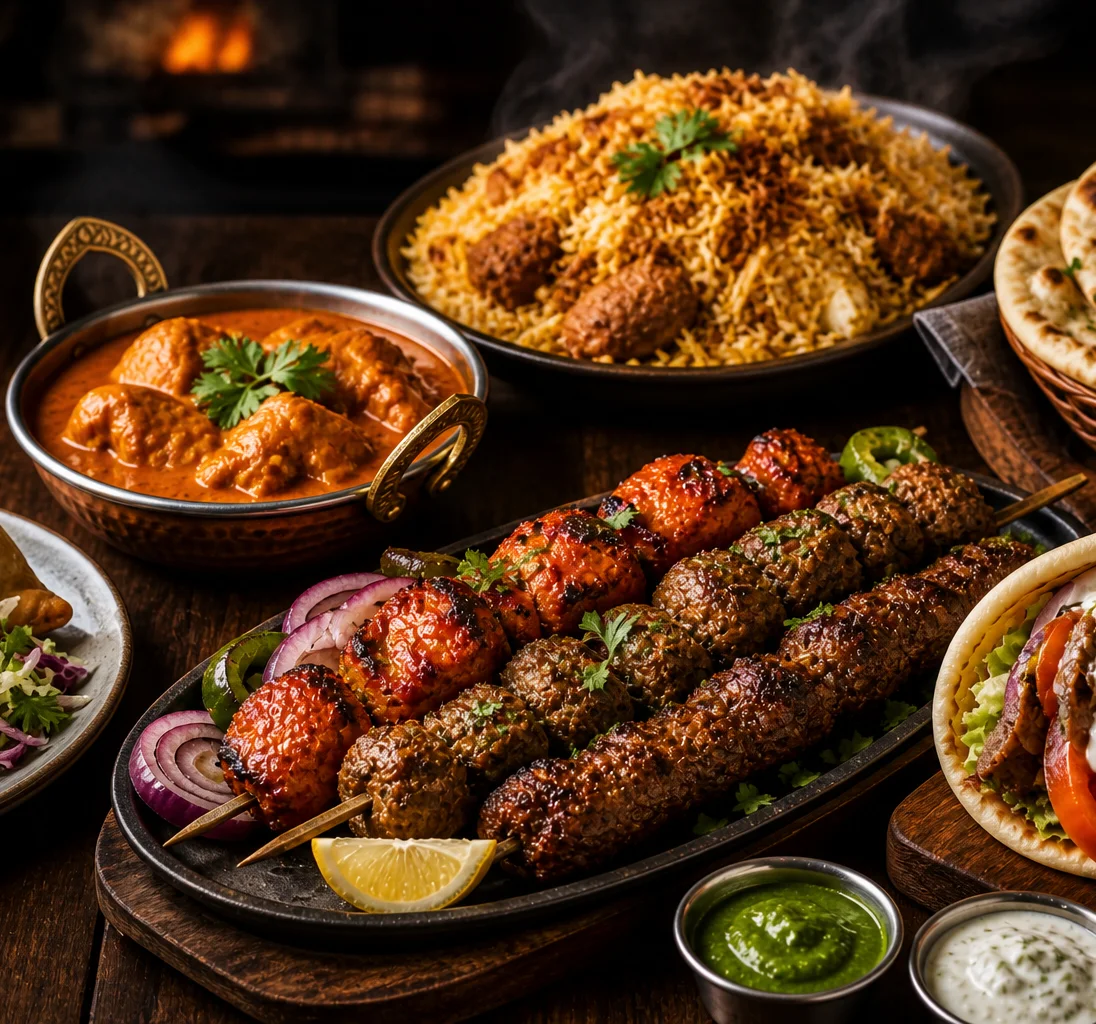 Close-up of a richly lit spread of South Asian and Middle Eastern dishes on a wooden table, including grilled kebabs, a gyro wrap, biryani, curry, naan, samosas, and dipping sauces.