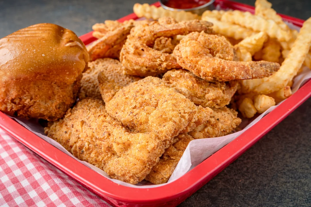 Catfish and 6 PC Shrimp with Fries, Roll & 2 Hush Puppies