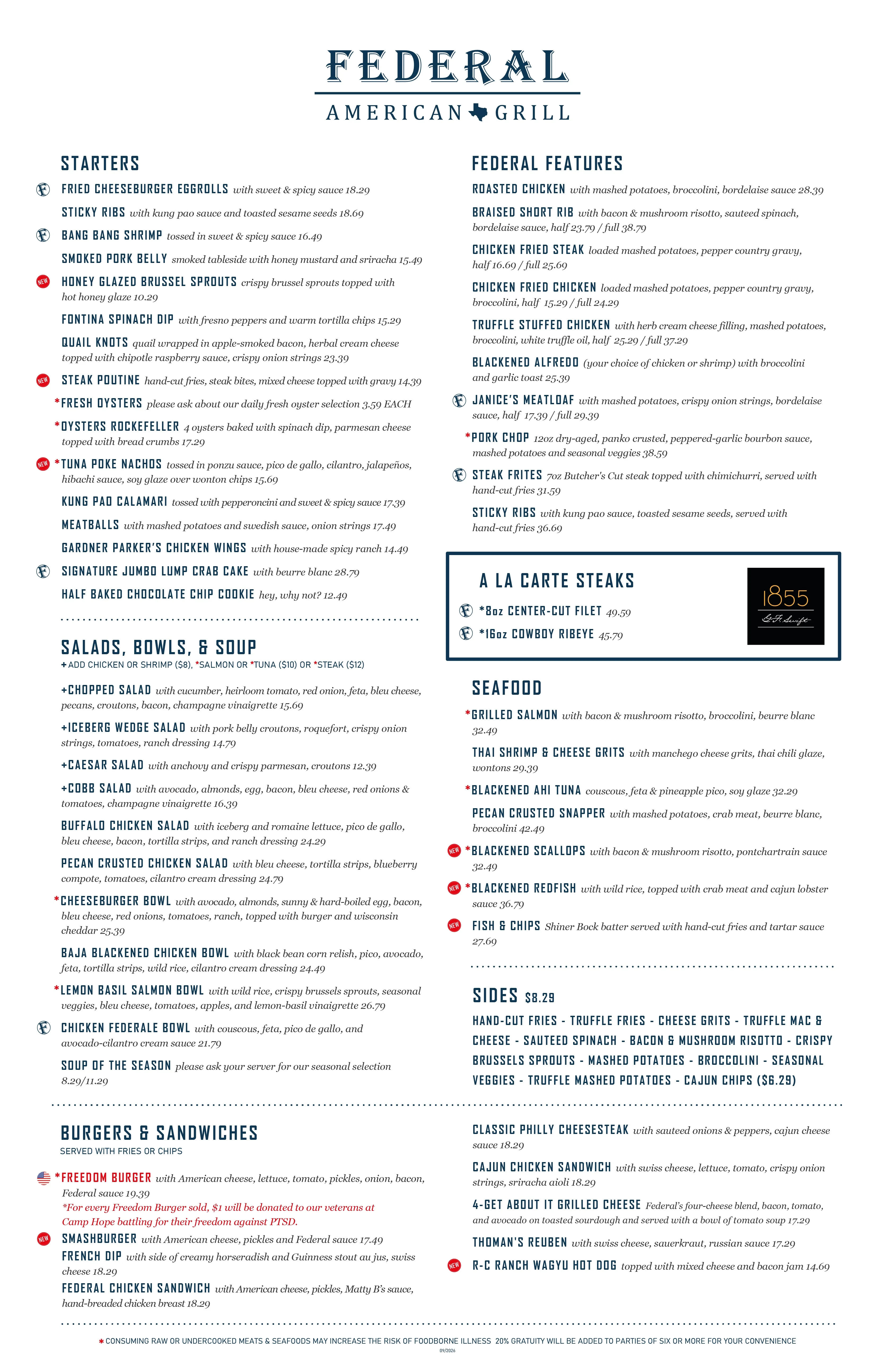 American grill menu featuring diverse starters and entrees