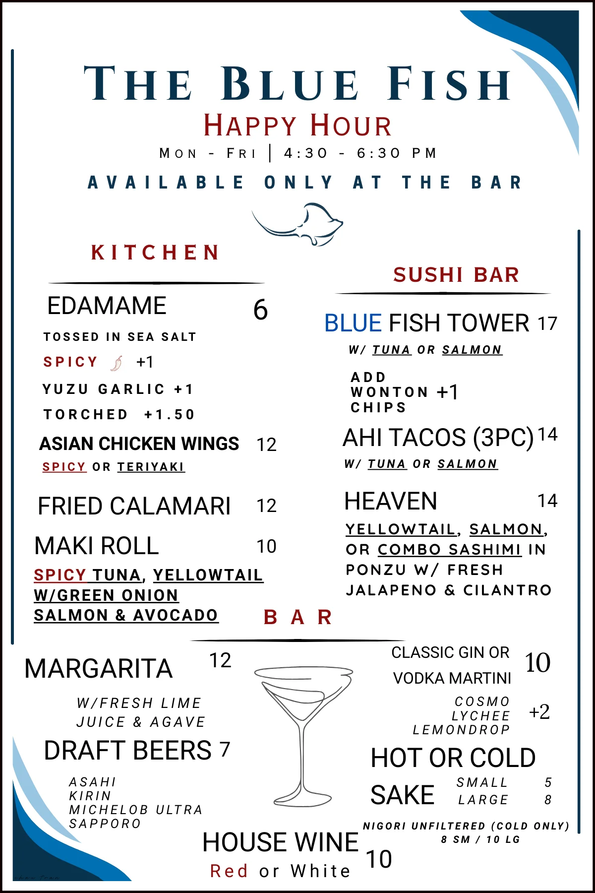 Happy hour menu featuring sushi and Asian dishes at The Blue Fish restaurant