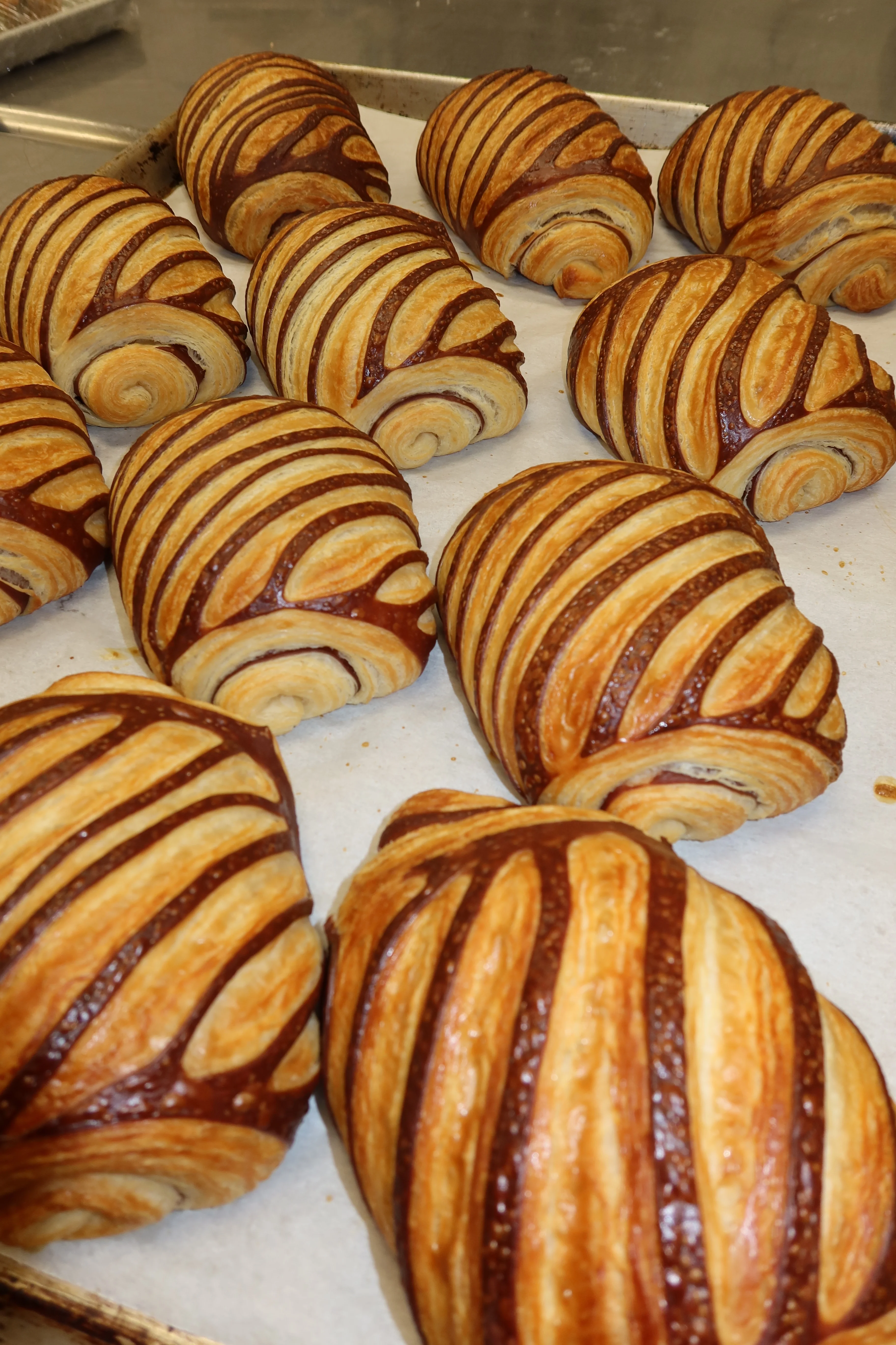 Freshly baked chocolate croissants on parchment paper