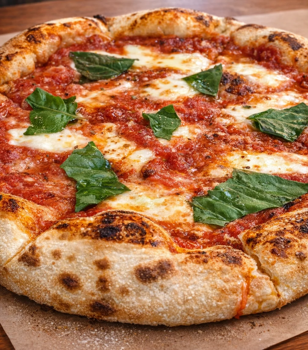 Margherita pizza with fresh basil and tomato sauce