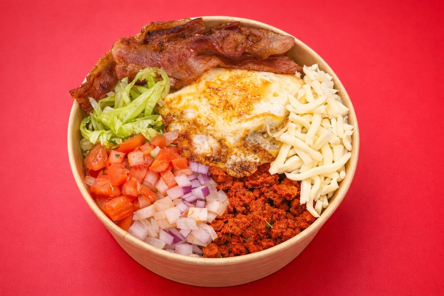 Mexican chorizo breakfast bowl with egg and bacon