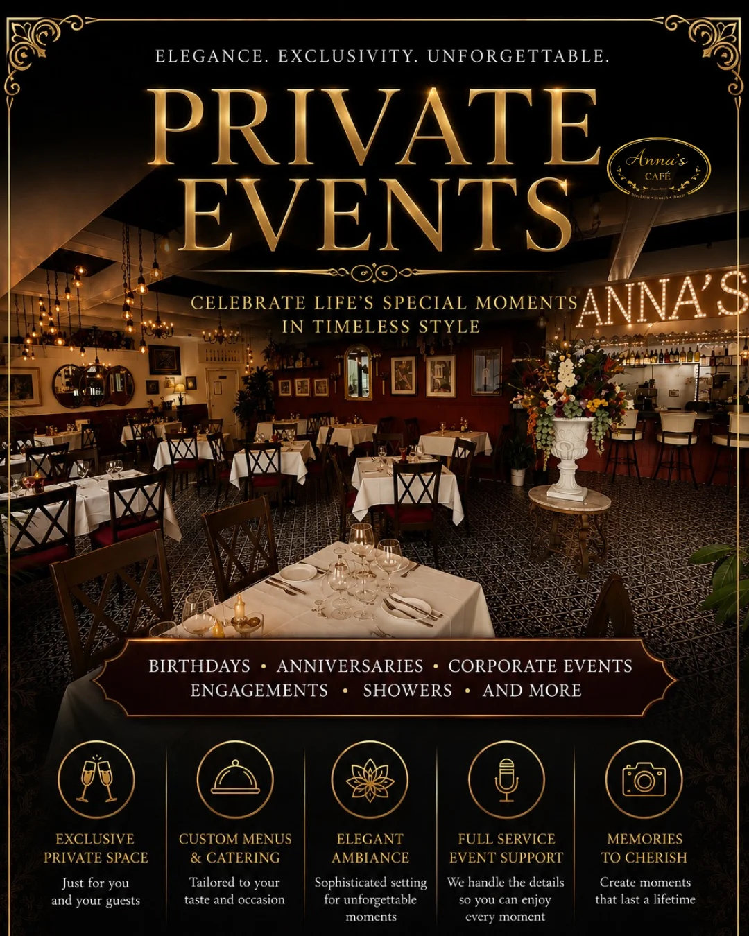 Elegant restaurant setting for private events at Anna's Café.