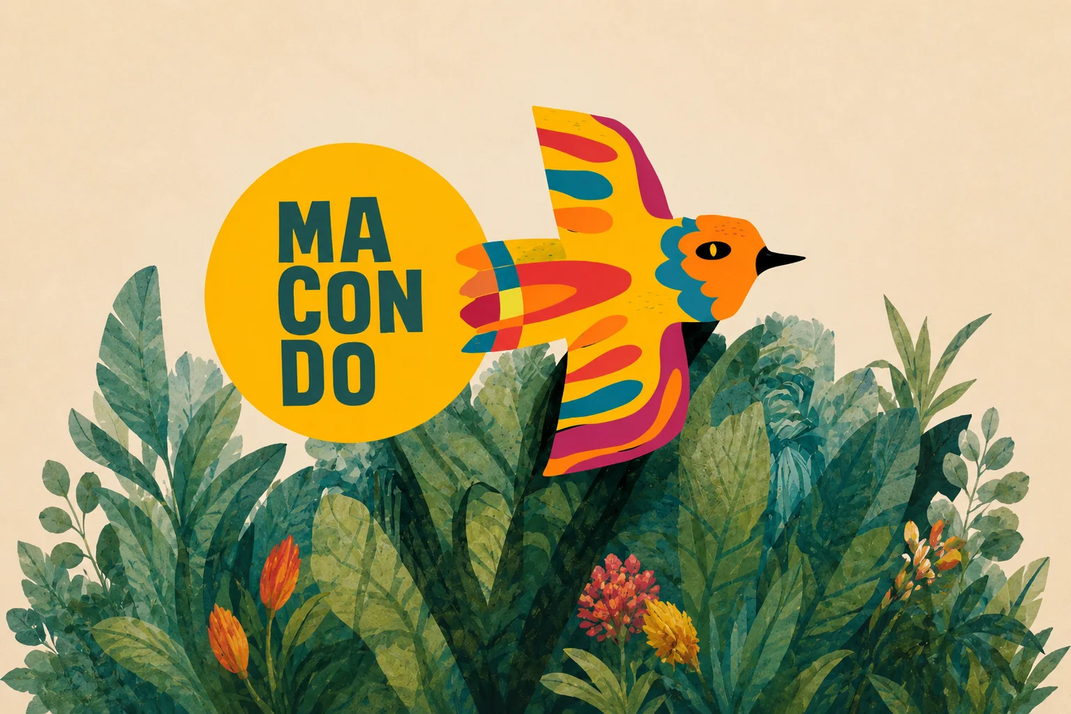 Colorful bird illustration with tropical foliage background