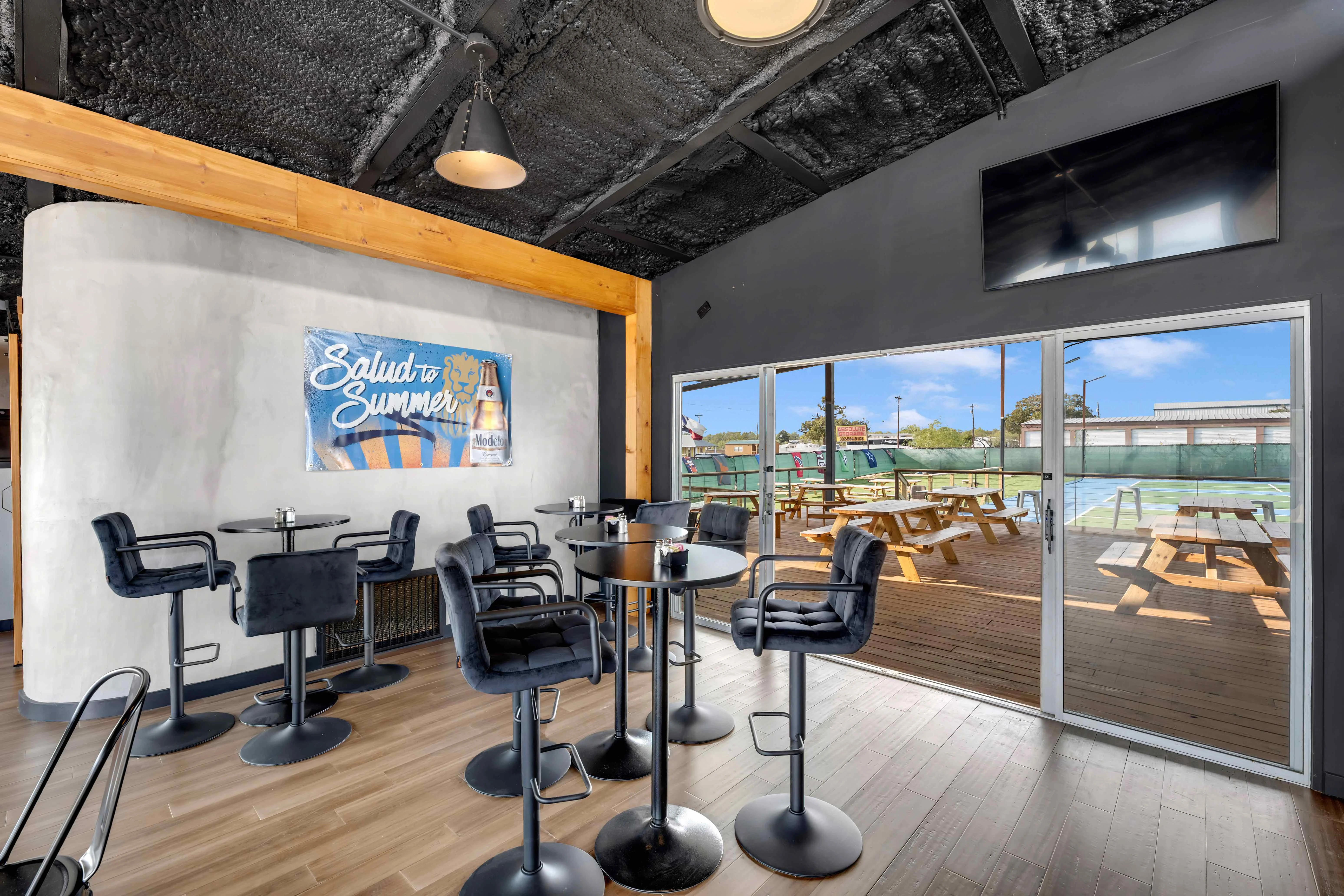 Modern restaurant interior with bar and seating