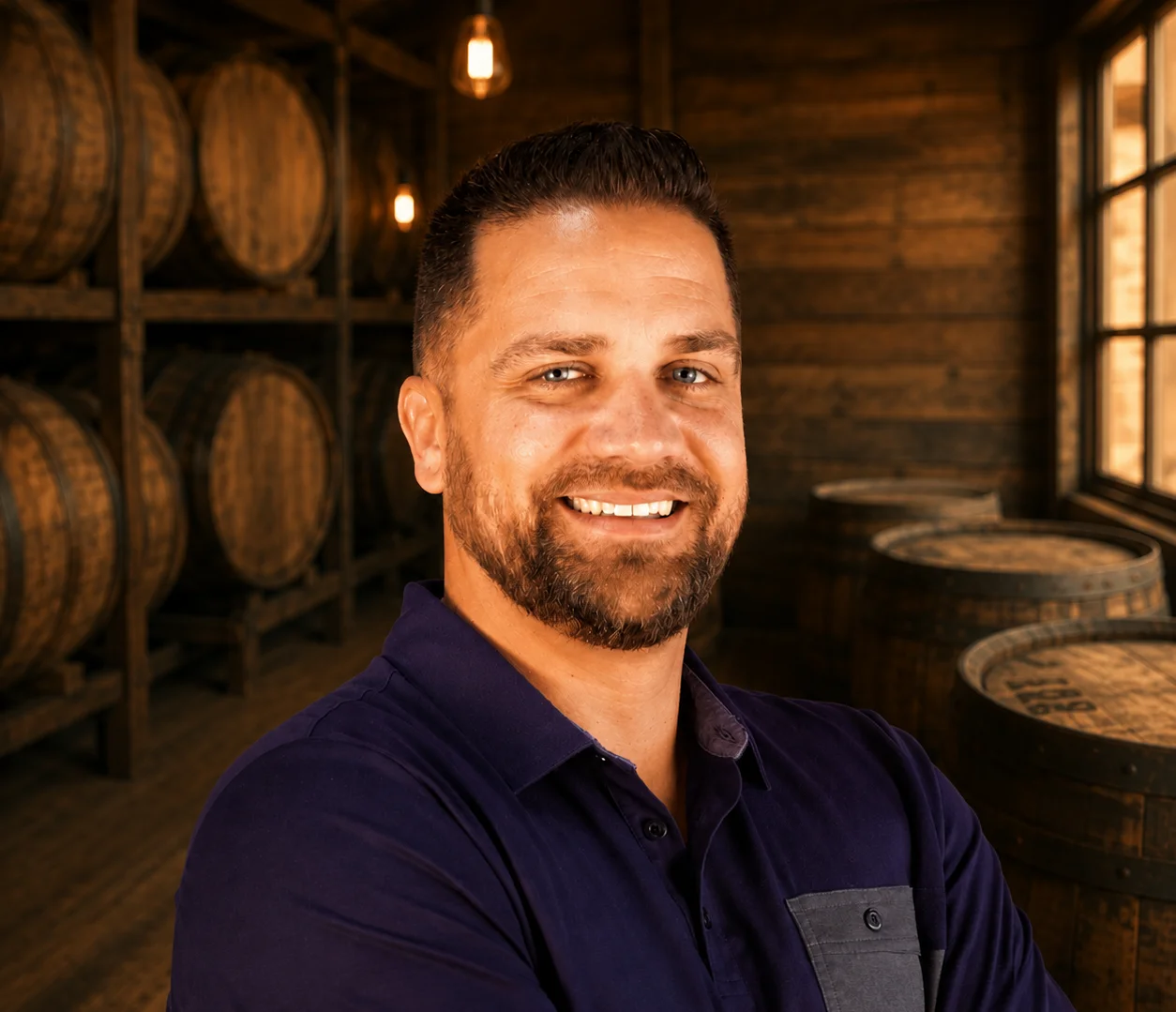 Smiling man in a restaurant with barrels in the background