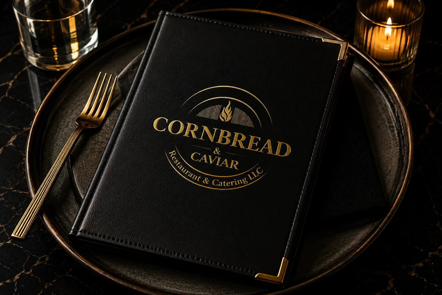 An elegant restaurant menu displayed on a black plate, accented with a golden fork. The menu is embossed with the restaurant's name, adding to the luxurious ambiance.