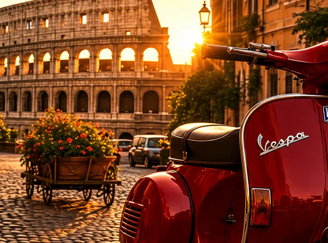 Charming street view with a Vespa and olive oil in Rome