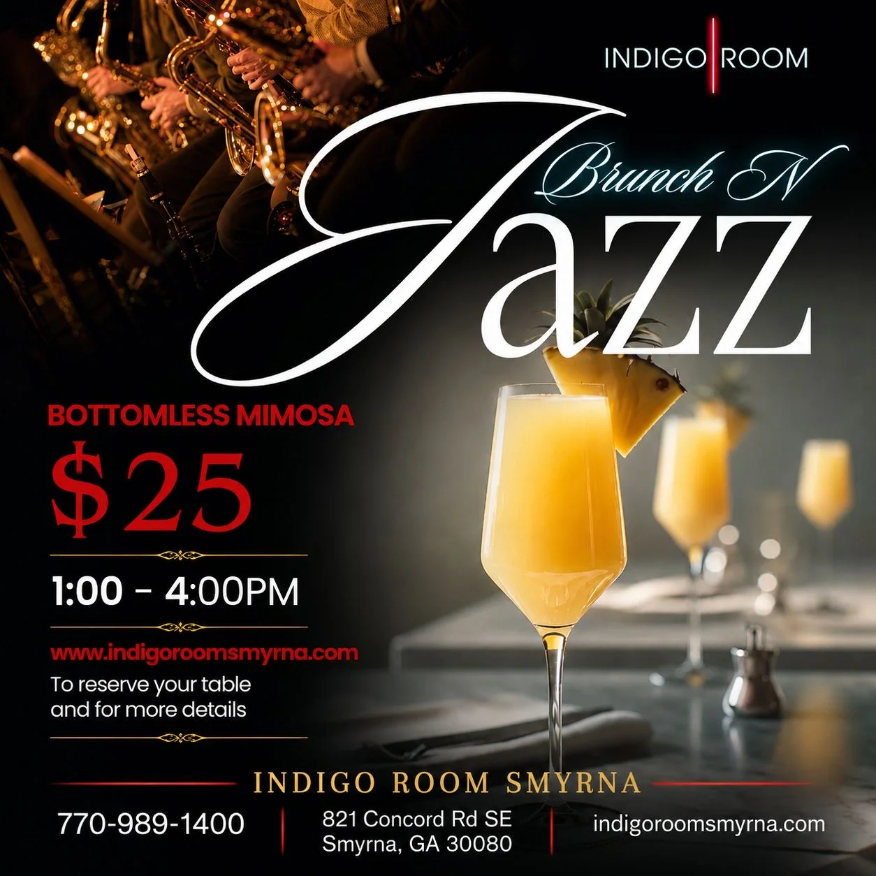 Brunch event featuring bottomless mimosas and live jazz music
